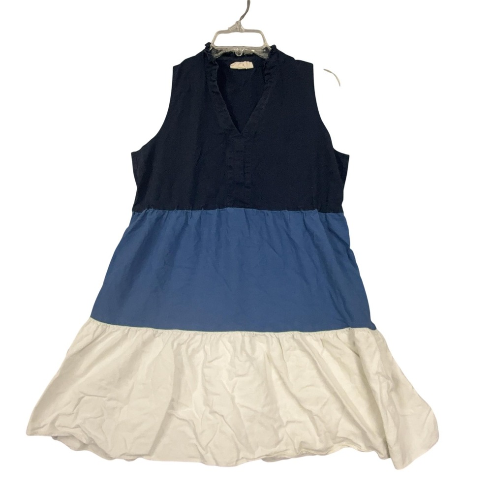 52seven Dress Womens PL Blue White Colorblock Sleeveless V Neck Ruffle Sundress